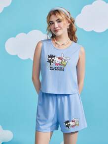 HELLO KITTY AND FRIENDS | SHEIN 卡通與字母圖形背心和短褲 - 藍色 - 查看 3