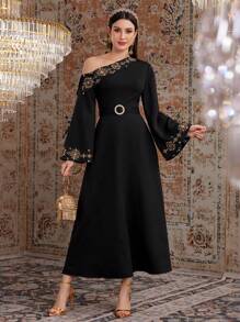 Modelyn Women's Geometric Pattern Asymmetrical Neckline Flare Sleeve Dress,Elegant Evening Party Dress Long Evening Dresses