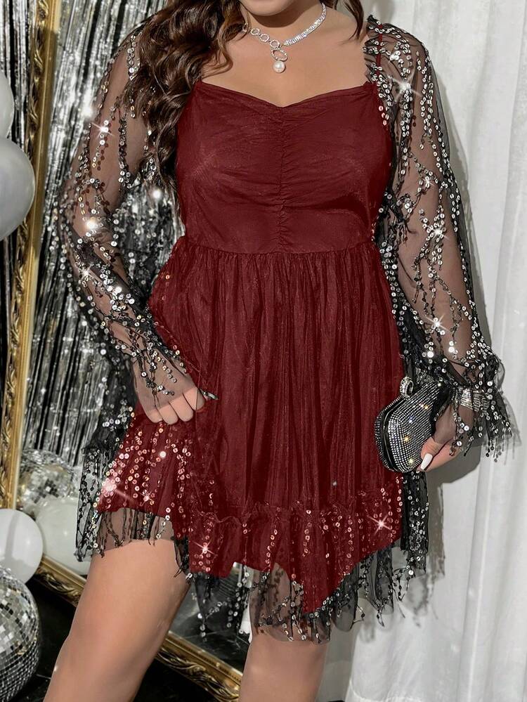 Plus Size Women's Glitter Mesh Long Sleeve Dress
