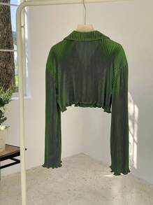 SHEIN Comfortcana 女士短款生菜下摆衬衫、长袖上衣 - 綠色 - 查看 2