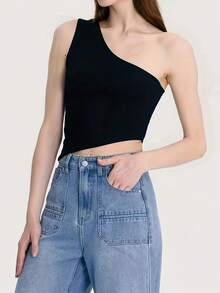 Asymmetric Oblique Shoulder Reversible Shoulder Top - Black - View 3