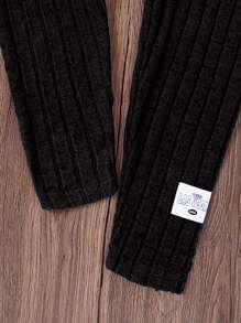 Teen Girls Solid Color Ribbed Knitted Patch Detailed Two-Piece Set - Black - View 6