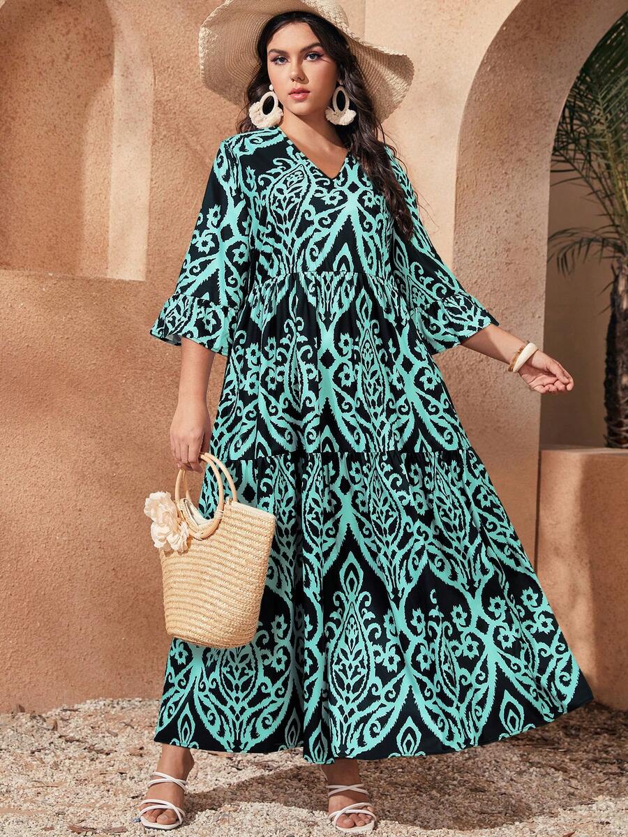 Plus Size Women Allover Print Ruffle Sleeve Dress - Multicolor - View 1