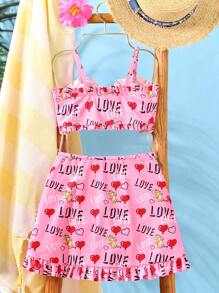 TOM & JERRY X SHEIN Tween Girl Heart Balloon & Cartoon Mouse Print Frill Trim Bikini Set With Swim Brief & Skirt 3pcs Swimwear Summer Beach - Pink - View 2