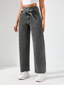 SHEIN Privé 女士高腰寬腿牛仔褲,設有口袋 - 深灰色 - 查看 3