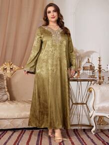Al Najma Plus Size Arab Clothing V-Neck Long Dress - Mustard Yellow - View 3