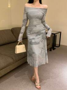 DAZY Ink Painting Print Off Shoulder Dress, Birthday ,New Year Eve Prom Dress Elegant,Fall Clothes