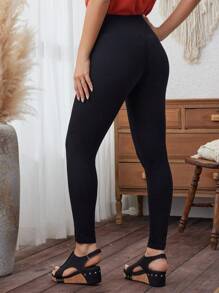 SHEIN LUNE 女士休閒純色十字交叉綁帶修身長褲 - 黑色 - 查看 2