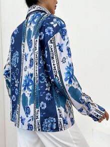 EURMUSE Floral Print Long Sleeve Shirt With Single Breasted Collar - Blue - View 5