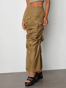 TRANG DUONG Designer Gerüschter, einfarbiger Cargo-Rock, geeignet für Sommer, Urlaub, Party, Strand, Festival, Ibiza - Braun - Übersicht 4