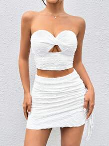 SHEIN EZwear Conjunto de top y falda de punto blanco ajustado para mujeres - Blanco - Ver 1