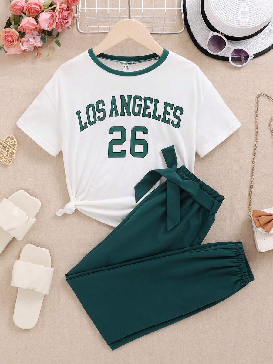 SHEIN 適合青少年女孩的時尚街頭風格彩塊針織短袖上衣和運動長褲套裝,適用於春夏季節 - 墨綠色 - 查看 1