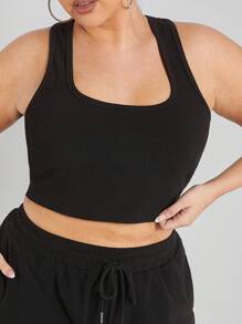 Hauture Conjunto De Camiseta Sin Mangas Y Pantalones Cortos De Color Liso Para Mujer - Negro - Ver 3