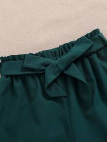 SHEIN 適合青少年女孩的時尚街頭風格彩塊針織短袖上衣和運動長褲套裝,適用於春夏季節 - 墨綠色 - 查看 6