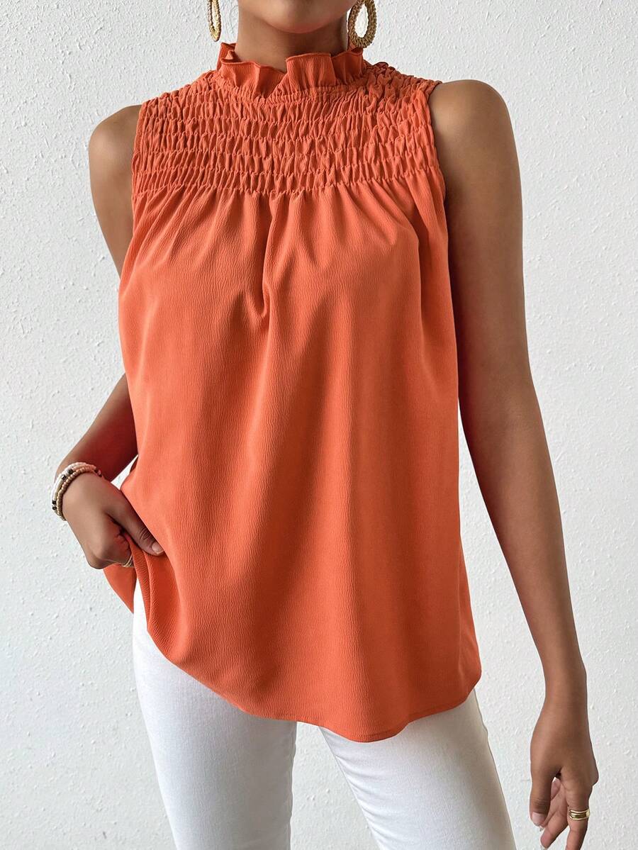 SHEIN Essnce Solid Color Pleated Ruffle Sleeveless Blouse - Redwood - View 1