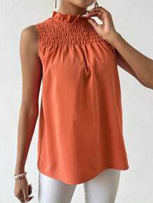 SHEIN Essnce Solid Color Pleated Ruffle Sleeveless Blouse - Redwood - View 6