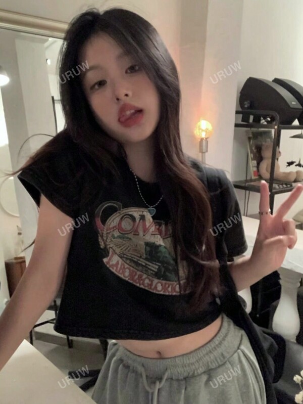 Summer Casual Letter Print Round Neck Cropped T-Shirt
