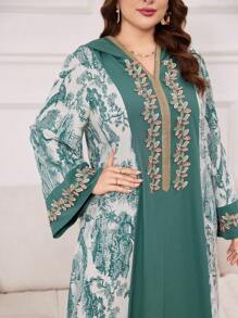 Al Najma 大码女式春夏阿拉伯植物印花连衣裙，拼接抽绳兜帽，休闲长袖超长连衣裙，卡夫坦 - 彩色 - 查看 4