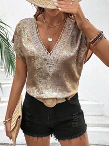 EMERY ROSE 女式亮面蝙蝠袖衬衫，适合新年节日聚会服装 - 金色 - 查看 4