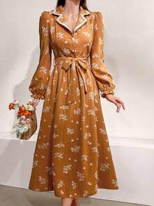 Mulvari Women's Floral Printed Dress With Suit Collar And Long Sleeves - Yellow - View 3