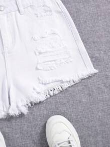 SHEIN Teen Girl Frayed Ripped Denim Shorts