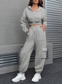 SHEIN Unity 女士純色簡約連帽衫和長褲套裝 - 灰色 - 查看 4