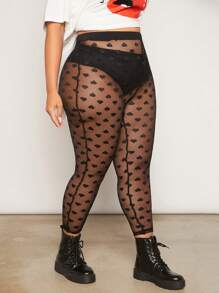 SHEIN CURVE+ Plus Size Women's Heart-Shaped Mesh Pants - Black - View 5