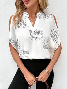 SHEIN Clasi 女款缺肩口號印花缺口領襯衫 - 黑與白 - 查看 1