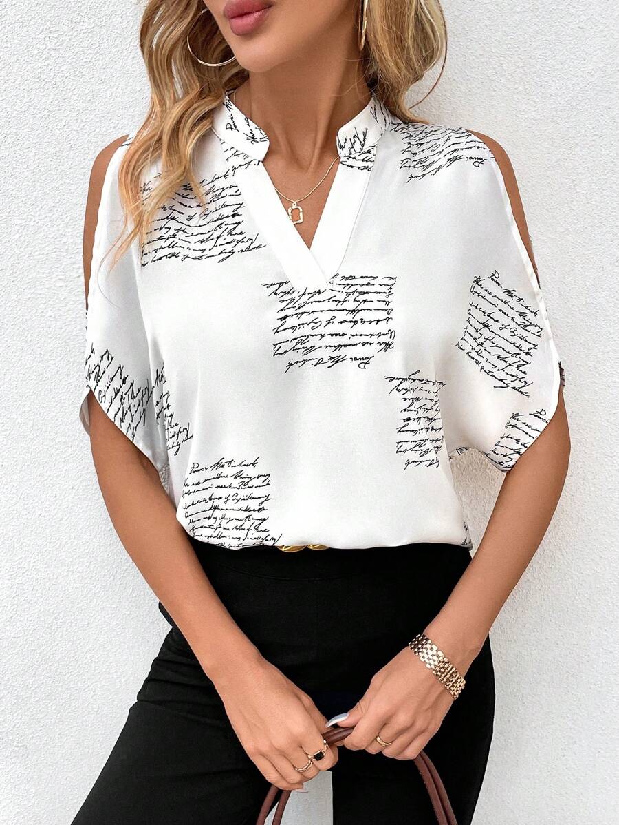 SHEIN Clasi 女款缺肩口號印花缺口領襯衫 - 黑與白 - 查看 1