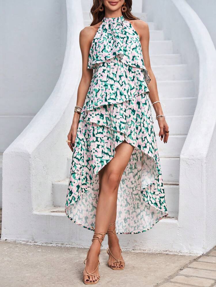 Women's Spaghetti Strap Printed Asymmetrical Hem Halter Dress