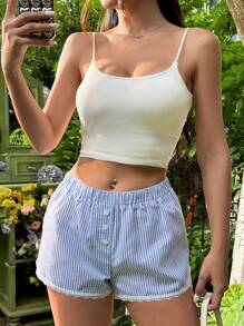 SHEIN EZwear Women's Striped Lace Trim Shorts - Blue - View 5