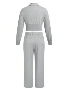 Calvaya 大碼拉鍊半排扣長袖運動上衣和運動長褲套裝 - 淺灰色 - 查看 2