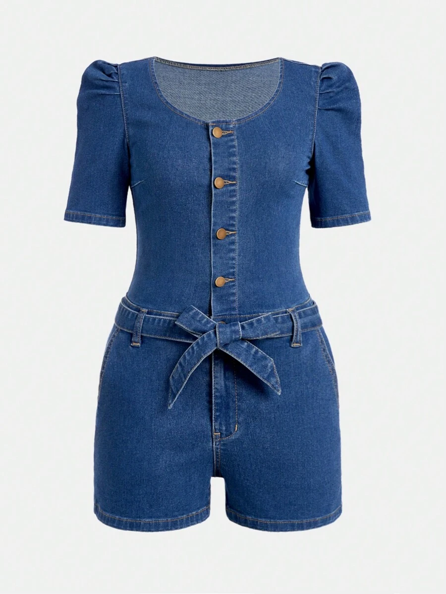 Teen Girls' Short Puff Sleeve Single Breasted Denim Romper - Medium Wash - View 1