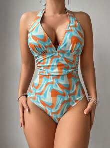 SHEIN Swim Summer Women'S Full-Print Halter One-Piece Swimsuit, Random Print - Multicolor - View 5