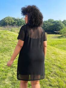 SHEIN EZwear 2件套黑色针织连衣裙，带透明覆层，音乐节服装 - 黑色 - 查看 2