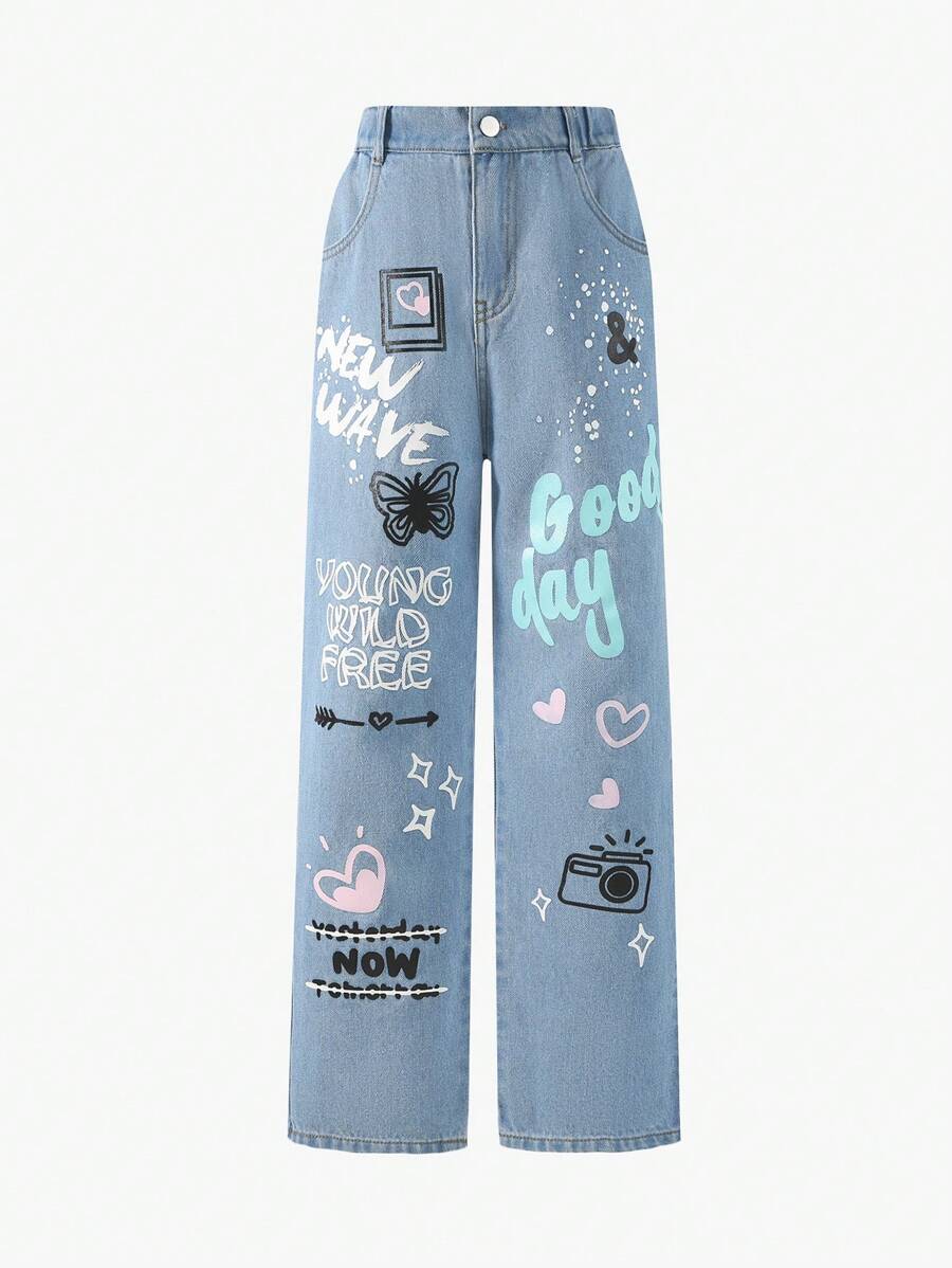 Tween Girls' Street Style Butterfly Print Jeans With Slogan And Flare Leg,Holiday,Summer,Travel - Medium Wash - View 1
