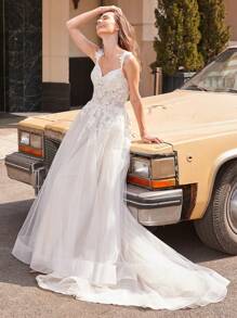 Sparkling Sequin Embroidered Patchwork Mermaid Wedding Dress - Beige - View 8