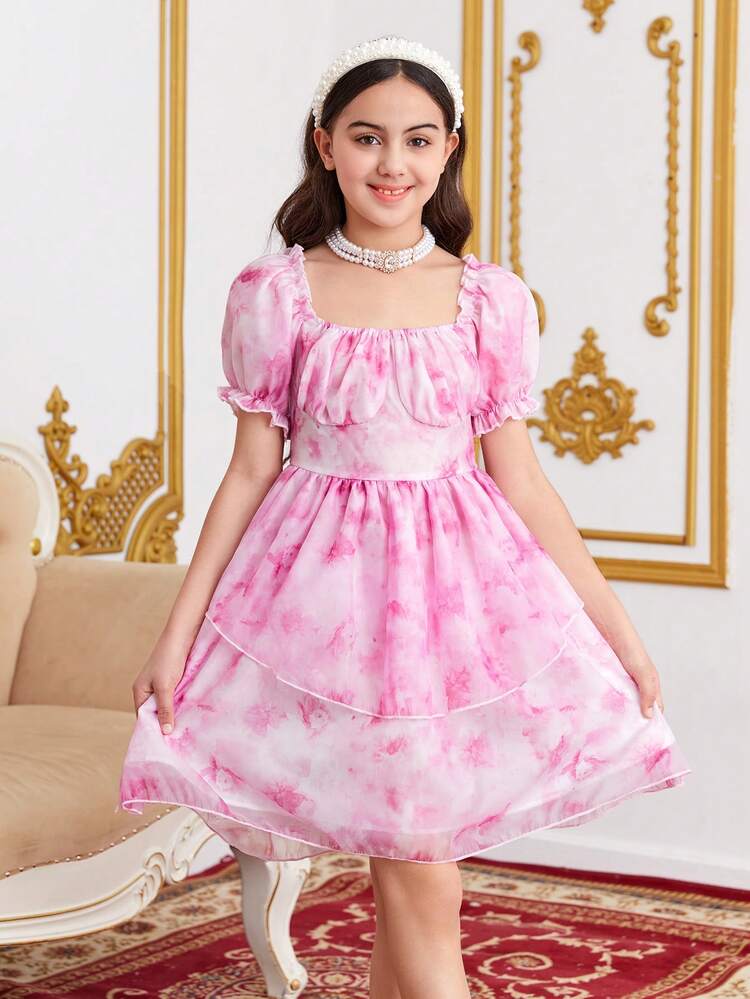 Tween Girls' Tie Dye Print Short Puff Sleeve Butterfly Belted A-Line Dress