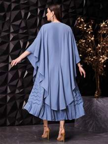 Modelyn Women's Metallic Decor Batwing Sleeve Dress,Elegant Evening Party Dress - Dusty Blue - View 2
