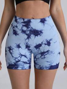 SHEIN Sports 无缝扎染运动短裤蓝色短裤女士运动短裤、健身短裤、骑行短裤 - 藍色 - 查看 4