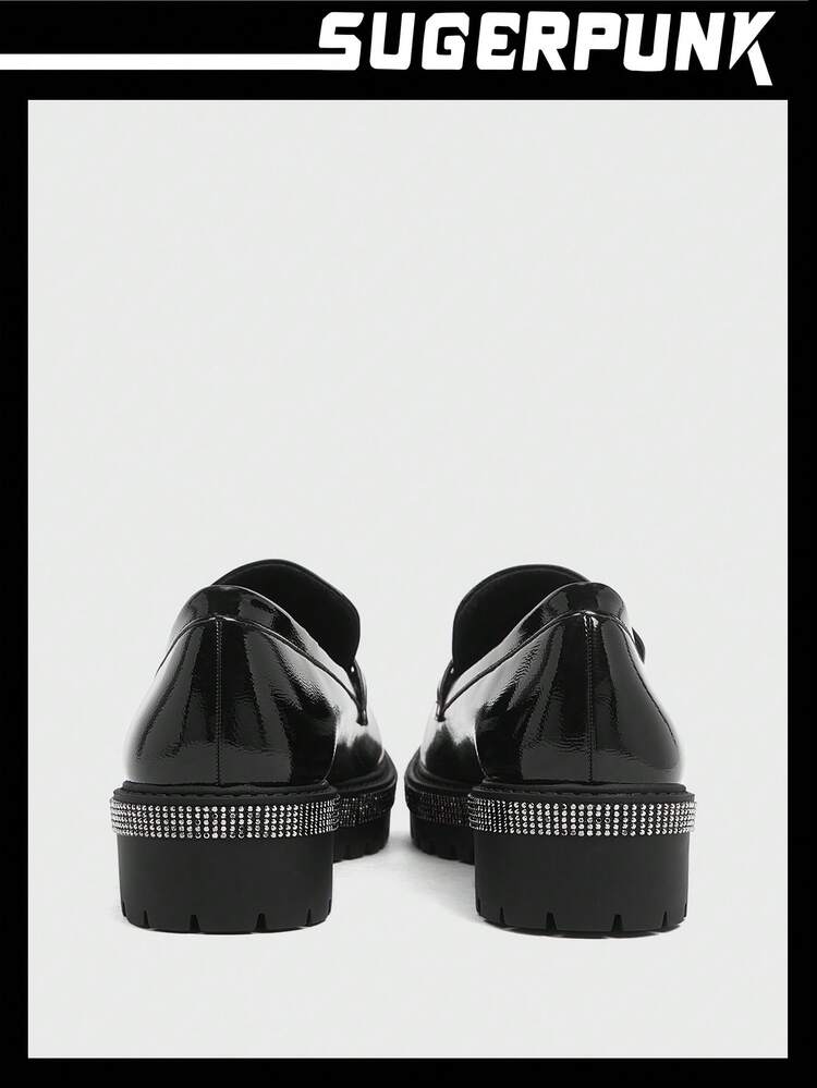 Women's Black Round Toe Chunky Heel Work Shoes With Rhinestone Detail, Casual Unisex Loafers