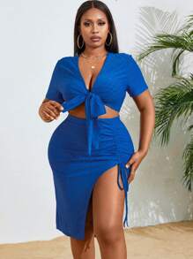 Maweii Solid Color Embroidery Burn-Out V-Neck Top And Slit Skirt Set