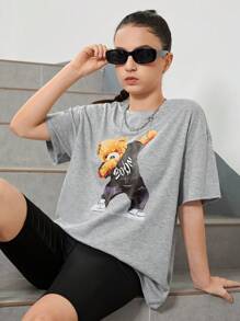 SHEIN Thiếu niên Cô gái Đan Lỏng lẻo phù hợp Ngắn tay Áo thun Với Gấu In Mẫu - Màu Xám nhạt - Xem 5