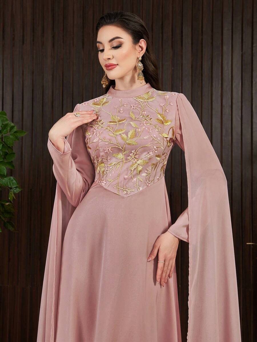 Modelyn Women's Embroidered Patchwork Cape Sleeve Dress - Pink - View 1