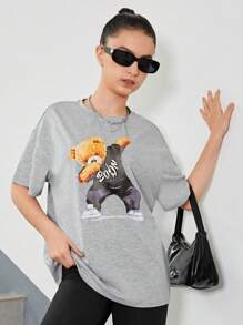 SHEIN Thiếu niên Cô gái Đan Lỏng lẻo phù hợp Ngắn tay Áo thun Với Gấu In Mẫu - Màu Xám nhạt - Xem 4