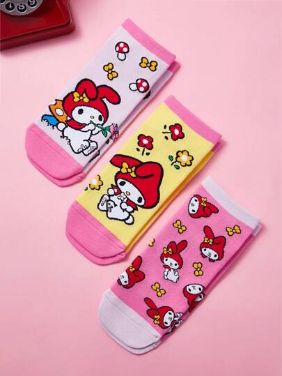 HELLO KITTY AND FRIENDS | SHEIN Women's 3 Pairs Of Cartoon Cute Sweat-Absorbent And Soft Short Socks
