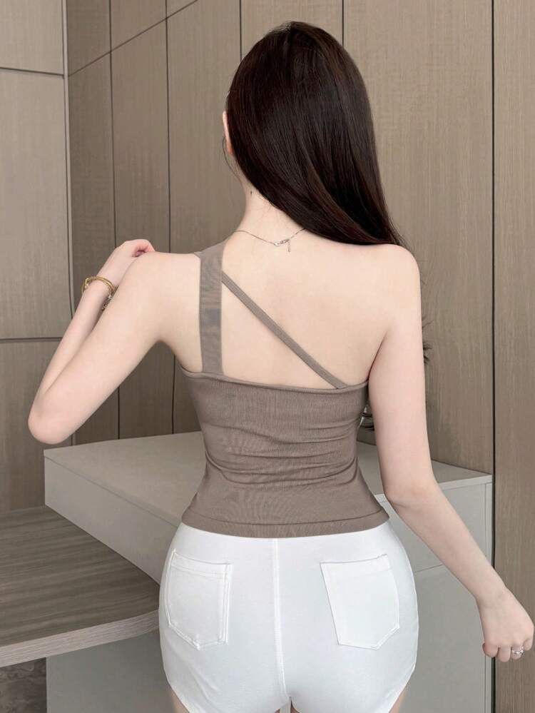 Women's Solid Color Oblique Shoulder Halter Knitted Top