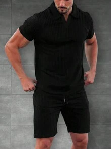 Manfinity Homme Men's 2pcs/Set Vacation Casual Plain Ribbed Short Sleeve Polo Shirt & Shorts, Boyfriend Gift - Black - View 6