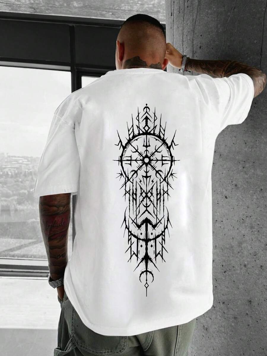 Men's Casual Geometric Print Round Neck Short Sleeve T-Shirt, Emo, 2000s Style