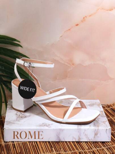 SHUZIA Women Shoes Wide Fit Strappy Square Toe Block Heel Classic PU White Sandal Heel Summer Shoes Spring Shoes Spring Break Easter Mother's Day Present For Christmas
